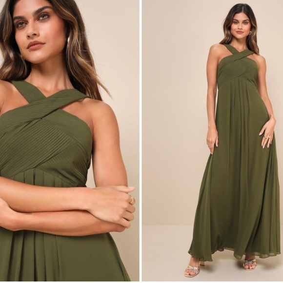 LULU's Sexy Prom Wedding Elegant Romantic Flowy Halter Olive Green Maxi Dress - Picture 1 of 5
